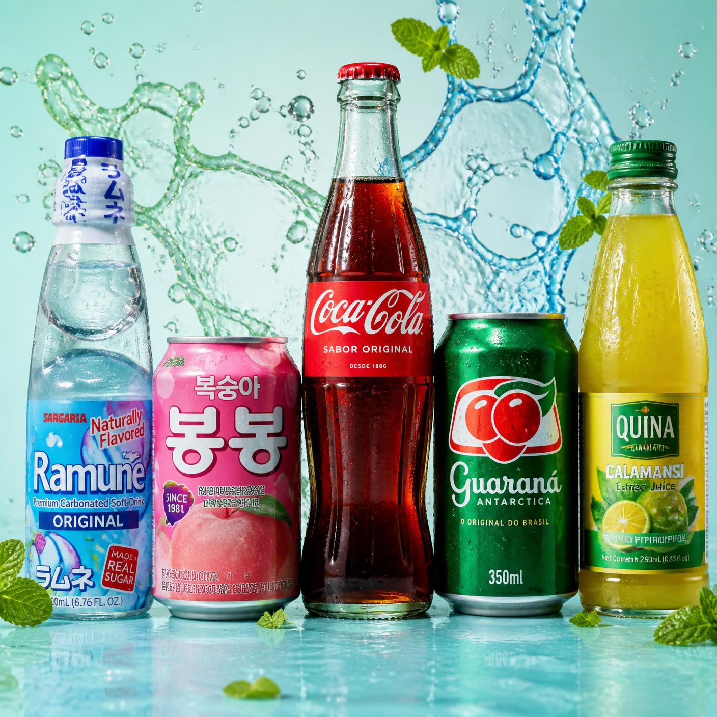 Real limited edition import drinks: Ramune, Korean peach soda, Mexican Coca-Cola, Guaraná Antarctica and calamansi juice